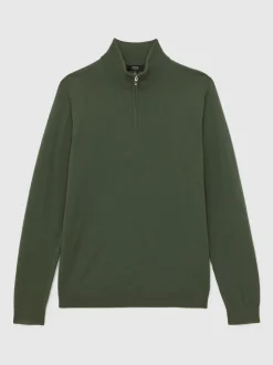 Reiss Kale Green Blackhall Merino Wool Half-Zip Funnel Neck Jumper