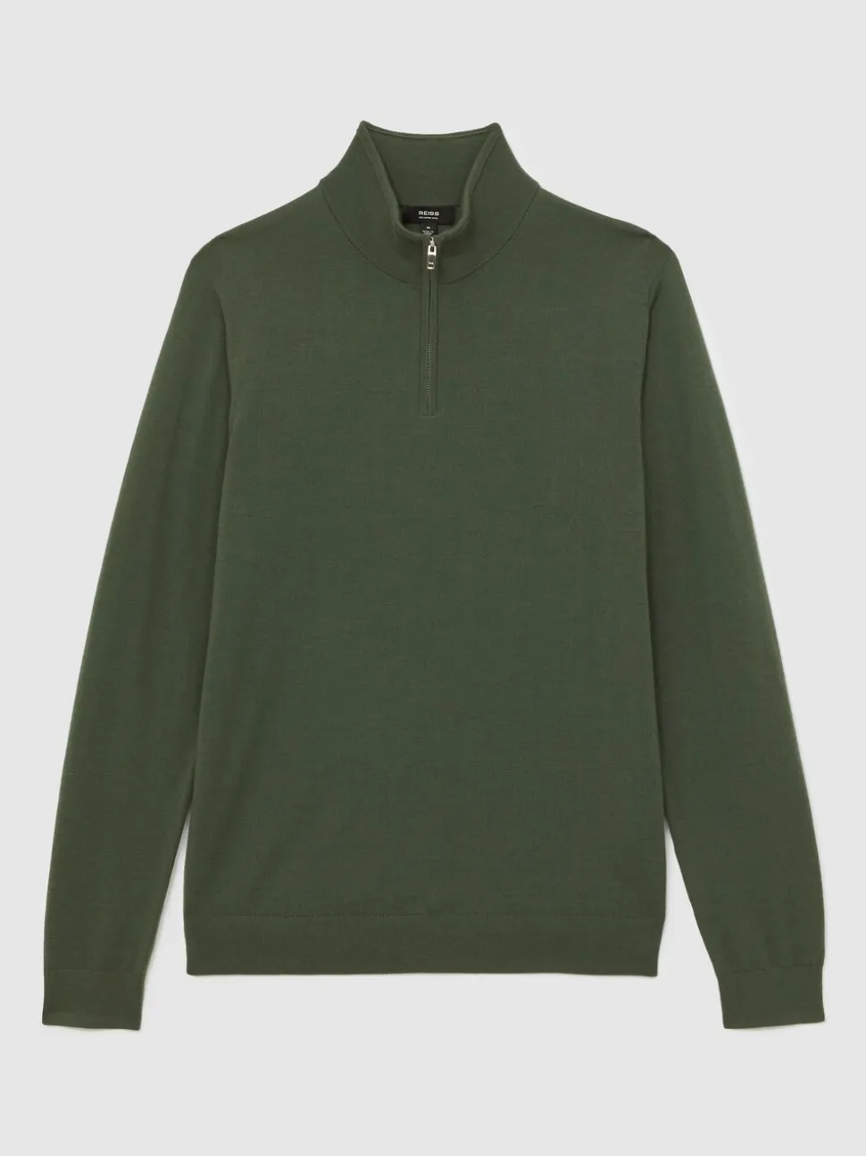 Reiss Kale Green Blackhall Merino Wool Half-Zip Funnel Neck Jumper