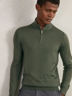 Reiss Kale Green Blackhall Merino Wool Half-Zip Funnel Neck Jumper