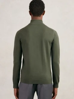 Reiss Kale Green Blackhall Merino Wool Half-Zip Funnel Neck Jumper