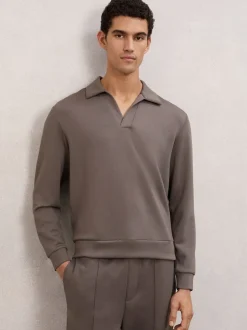 Reiss Light Brown Pearson Premium Interlock Open-Collar Polo Sweatshirt