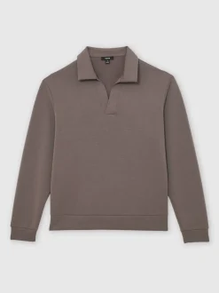 Reiss Light Brown Pearson Premium Interlock Open-Collar Polo Sweatshirt