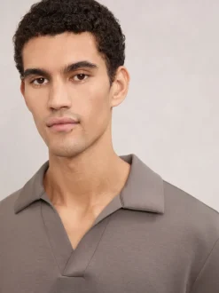 Reiss Light Brown Pearson Premium Interlock Open-Collar Polo Sweatshirt