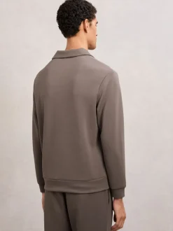Reiss Light Brown Pearson Premium Interlock Open-Collar Polo Sweatshirt