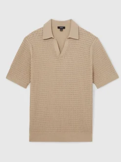 Reiss Light Camel Brown Merit Micro-Cable Open-Collar Cotton-Blend Shirt