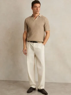 Reiss Light Camel Brown Merit Micro-Cable Open-Collar Cotton-Blend Shirt