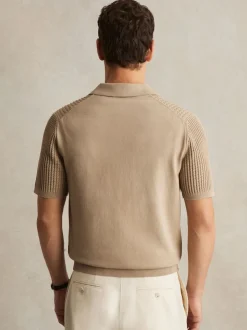 Reiss Light Camel Brown Merit Micro-Cable Open-Collar Cotton-Blend Shirt