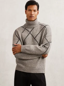 Reiss Mid Brown Links Wool-Blend Roll-Neck Argyle Jumper
