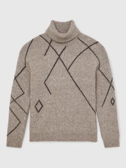 Reiss Mid Brown Links Wool-Blend Roll-Neck Argyle Jumper