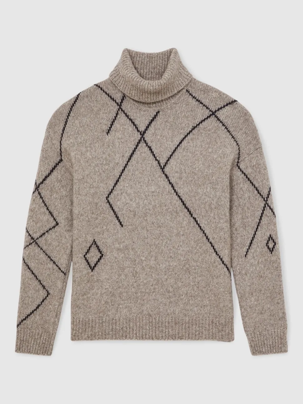 Reiss Mid Brown Links Wool-Blend Roll-Neck Argyle Jumper