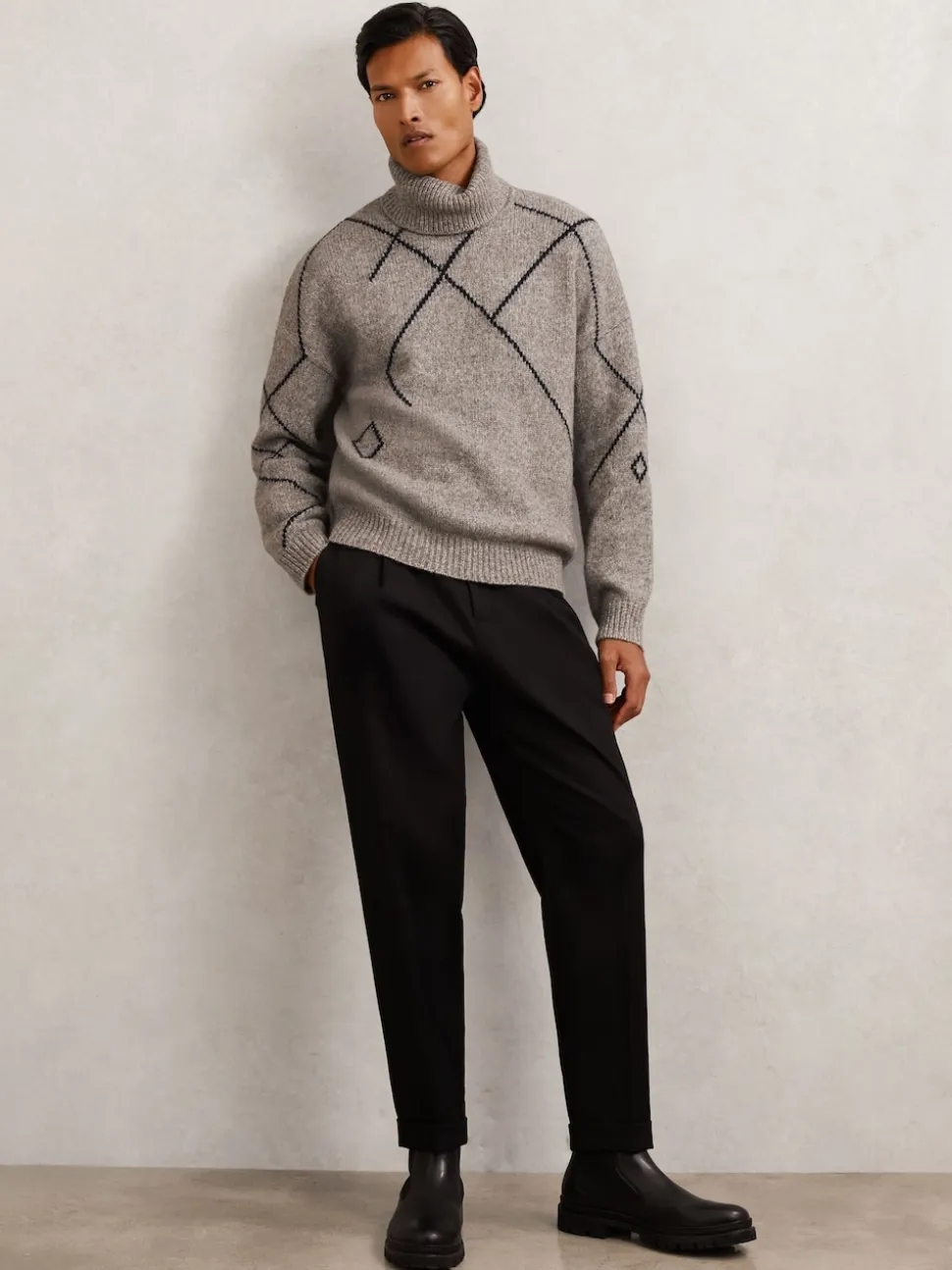 Reiss Mid Brown Links Wool-Blend Roll-Neck Argyle Jumper