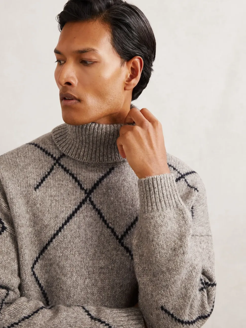 Reiss Mid Brown Links Wool-Blend Roll-Neck Argyle Jumper