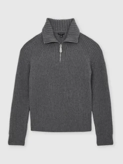 Reiss Mid Grey Brioche Atelier 100% Cashmere Half-Zip Jumper