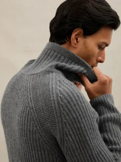 Reiss Mid Grey Brioche Atelier 100% Cashmere Half-Zip Jumper