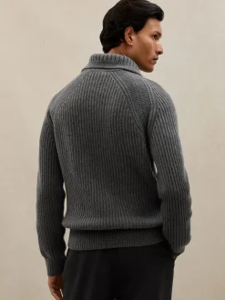 Reiss Mid Grey Brioche Atelier 100% Cashmere Half-Zip Jumper