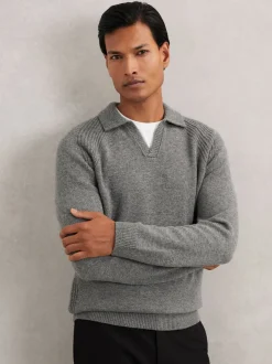 Reiss Mid Grey Melange Banbury Wool-Cashmere Open-Collar Jumper