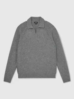 Reiss Mid Grey Melange Banbury Wool-Cashmere Open-Collar Jumper