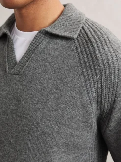 Reiss Mid Grey Melange Banbury Wool-Cashmere Open-Collar Jumper