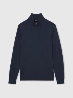 Reiss Midnight Navy Blackhall Merino Wool Half-Zip Funnel Neck Jumper