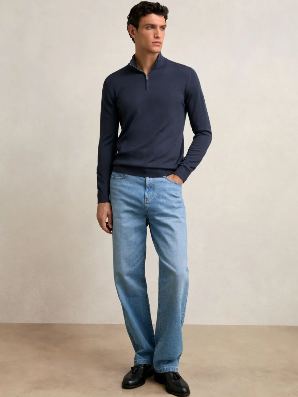 Reiss Midnight Navy Blackhall Merino Wool Half-Zip Funnel Neck Jumper