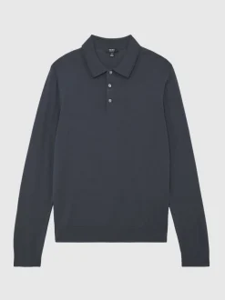 Reiss Midnight Navy Trafford Merino Wool Long-Sleeve Polo Shirt