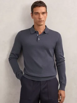 Reiss Midnight Navy Trafford Merino Wool Long-Sleeve Polo Shirt