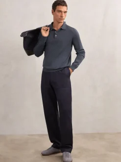 Reiss Midnight Navy Trafford Merino Wool Long-Sleeve Polo Shirt