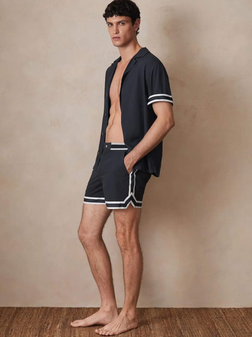 Reiss Navy Baller Reiss | Ché Stripe-Trim Swim Shorts