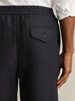 Reiss Navy Barges Linen Drawstring Shorts