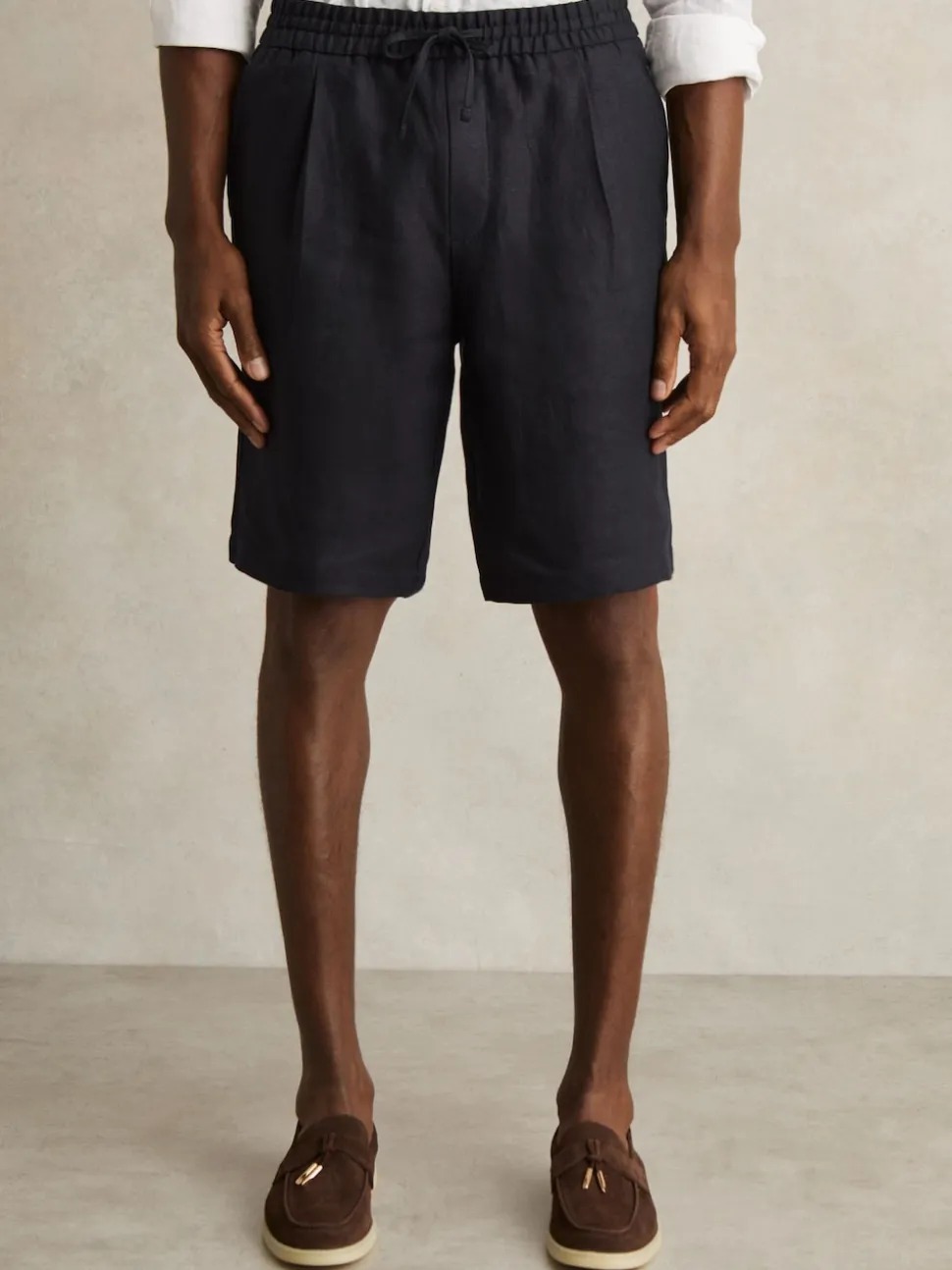 Reiss Navy Barges Linen Drawstring Shorts