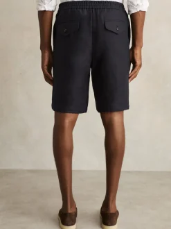 Reiss Navy Barges Linen Drawstring Shorts