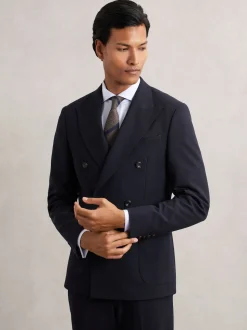 Reiss Navy Belmont Db Double-Breasted Textured Suit Blazer Tailored-Fit With Wool