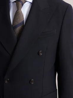 Reiss Navy Belmont Db Double-Breasted Textured Suit Blazer Tailored-Fit With Wool