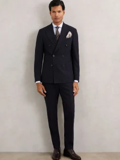 Reiss Navy Belmont Db Double-Breasted Textured Suit Blazer Tailored-Fit With Wool