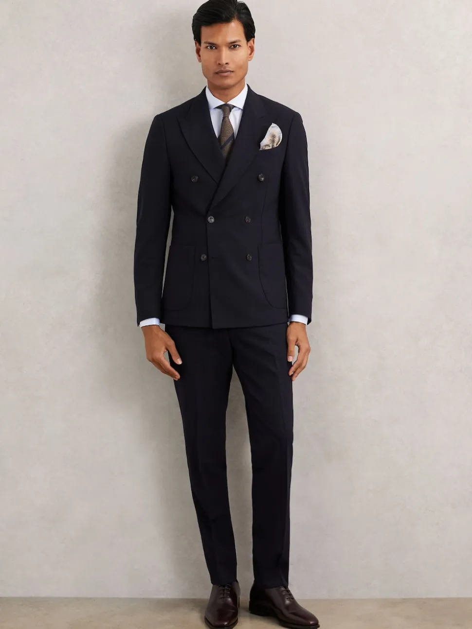 Reiss Navy Belmont Db Double-Breasted Textured Suit Blazer Tailored-Fit With Wool