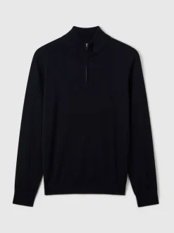 Reiss Navy Blackhall Merino Wool Half-Zip Funnel Neck Jumper