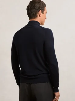 Reiss Navy Blackhall Merino Wool Half-Zip Funnel Neck Jumper
