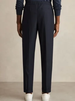 Reiss Navy Brighton Relaxed Drawstring Trousers with Turn-Ups