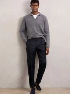 Reiss Navy Cantwell Cotton-Blend Tapered Trousers