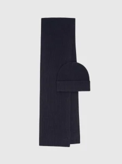 Reiss Navy Chesterfield Gs Merino Wool Scarf and Beanie Gift Set