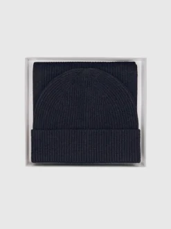 Reiss Navy Chesterfield Gs Merino Wool Scarf and Beanie Gift Set