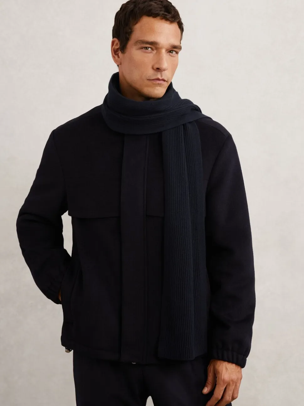 Reiss Navy Chesterfield Merino Wool Rib-Knit Scarf