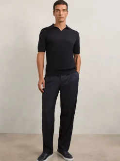 Reiss Navy Duchie Merino Wool Open-Collar Polo Shirt