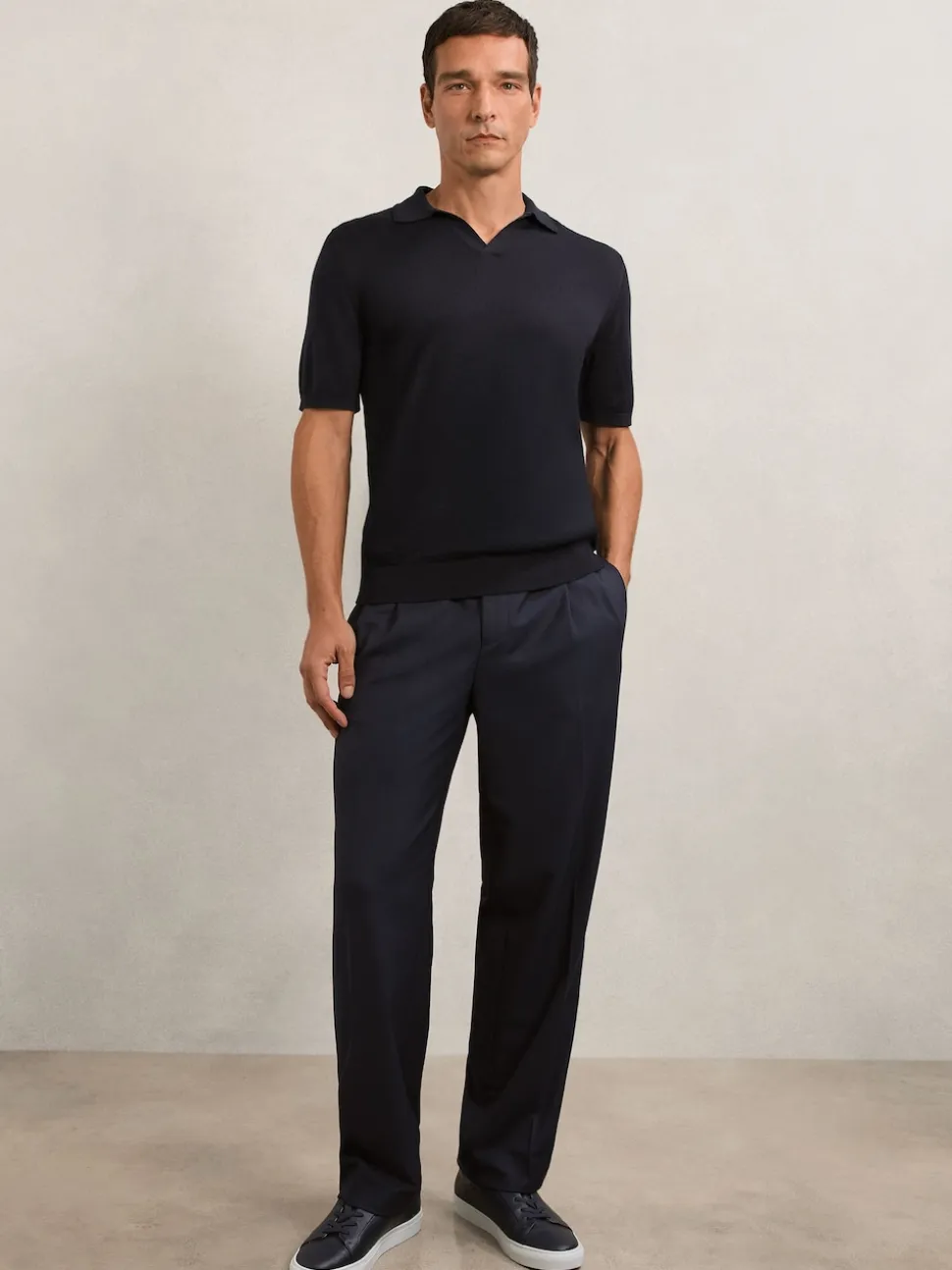 Reiss Navy Duchie Merino Wool Open-Collar Polo Shirt