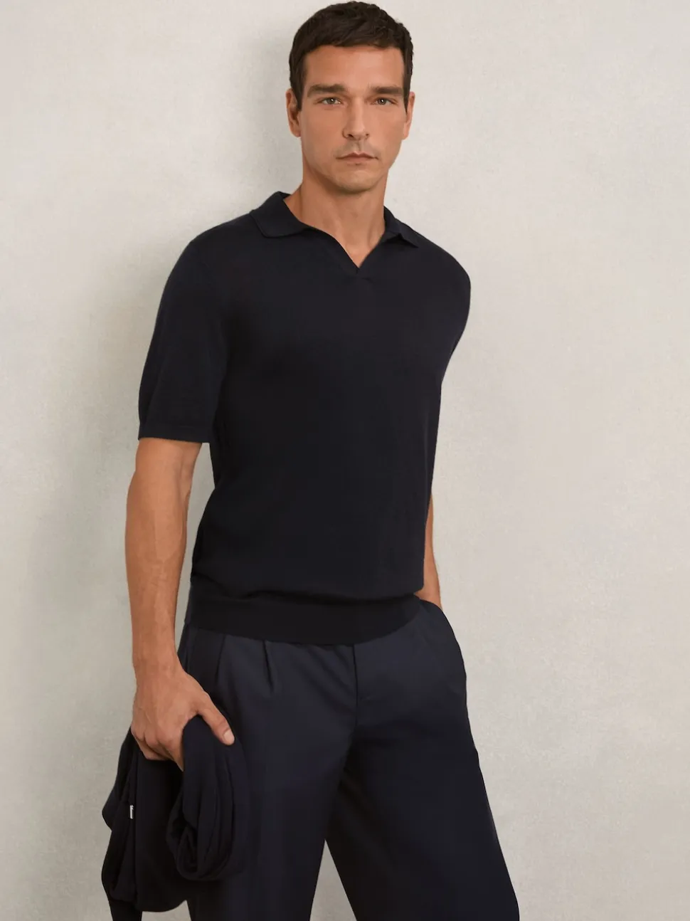 Reiss Navy Duchie Merino Wool Open-Collar Polo Shirt