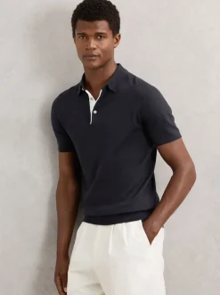 Reiss Navy Finch Contrast-Placket Polo Shirt With Cotton