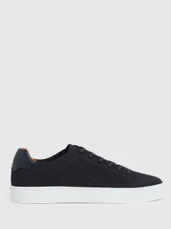 Reiss Navy Finley Knit Knitted Low-Top Trainers
