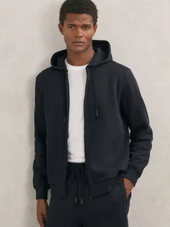 Reiss Navy Howel Cotton-Blend Zip-Through Hoodie