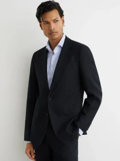 Reiss Navy Kin Single Breasted Linen Blazer Tailored-Fit