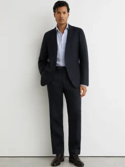 Reiss Navy Kin Single Breasted Linen Blazer Tailored-Fit